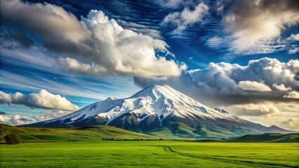 Snow-covered majestic mountain against blue cloudy sky with green field foreground, mountain, snow, majestic, blue sky