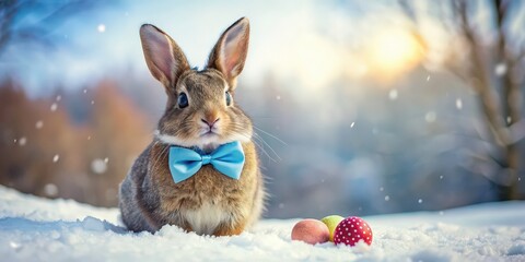 Bunny with a painted Easter egg bowtie in the snowy winter landscape , bunny, Easter, eggs, painted, bowtie, snow, winter