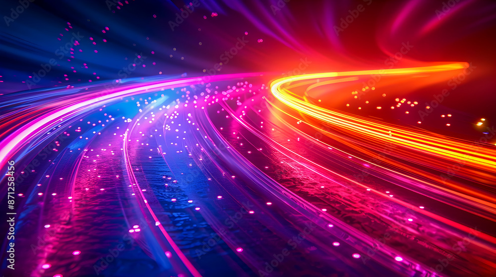 Poster vibrant curved neon light trails dancing in a deep mysterious dark background creating a mesmerizing