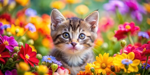 A cute kitten surrounded by colorful flowers , kitten, flowers, cute, adorable, furry, feline, pet, nature, flora, spring, garden