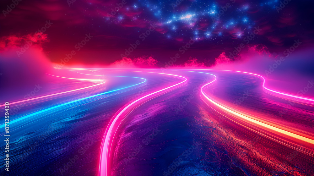 Poster vibrant and dynamic curved neon light trails in a deep mysterious dark background kinetic light scul