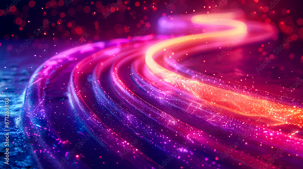 Poster captivating vibrant neon light trails swirling and pulsating in a mysterious dark surreal retrofutur