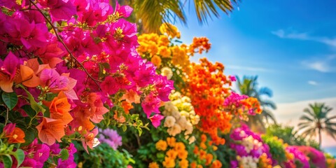 Obraz premium Colorful bougainvillea flowers creating a vibrant tropical background, tropical, ornamental, vibrant, colorful