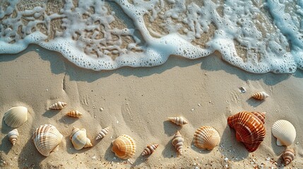 Sandy beach texture with scattered seashells and footprints, evoking a sense of coastal vacation. , Minimalism,