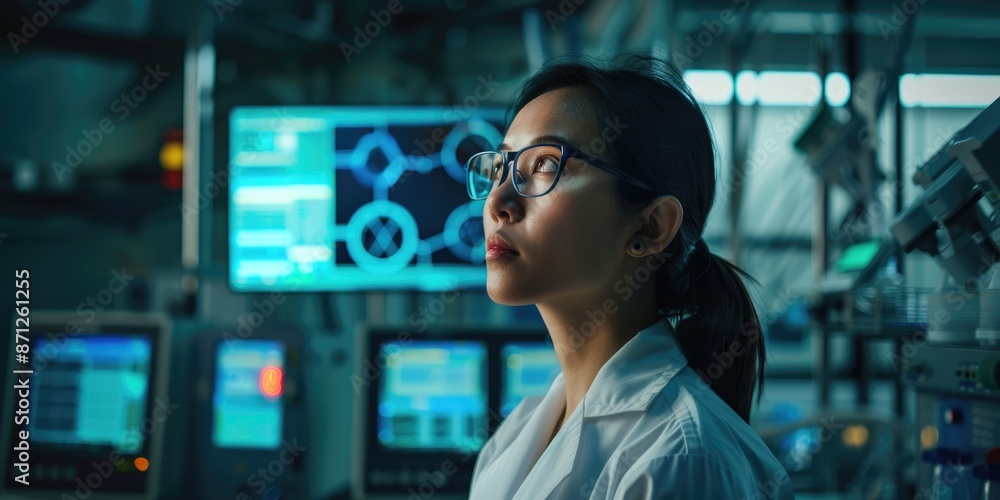 Aufkleber in a hightech laboratory, a scientist is deeply engrossed in analyzing intricate data on numerous co