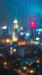Fototapeta premium Raindrops on a window with blurred city lights at night, abstract background. Urban night scene with colorful bokeh. Concept of rainy weather in the city
