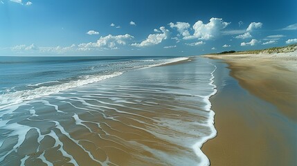 Sandy beach with tidal patterns and rippling waves, capturing the essence of coastal scenery. , Minimalism,