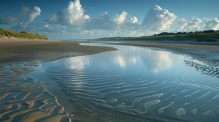 Sandy beach with tidal patterns and rippling waves, capturing the essence of coastal scenery. , Minimalism,