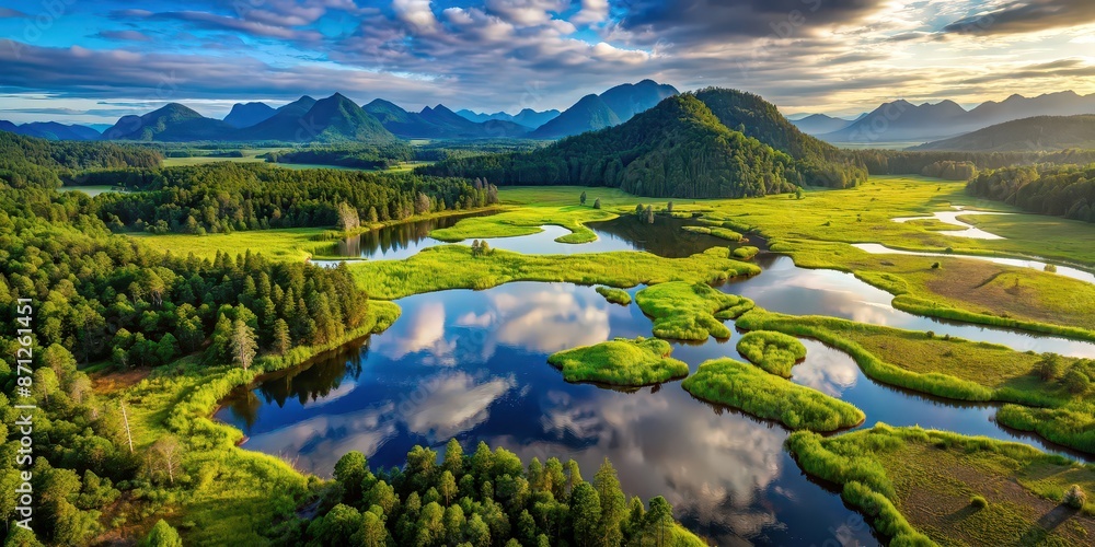 Sticker A stunning aerial view of a lush wetland surrounded by forests and mountains , wetland, aerial view, green, meandering waterways