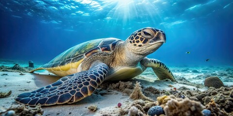 Fototapeta premium Sea turtle resting among scattered debris on ocean floor, showcasing pollution impact on marine life, Sea turtle