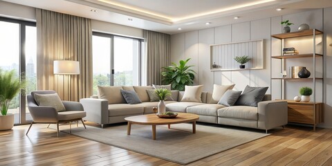 Clean and simple living room with neutral colors and sleek furniture, minimalist, modern, clean