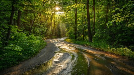 Sunlit forest road, dense green foliage, sun rays filtering through, sparkling stream meandering near the road, peaceful and vibrant