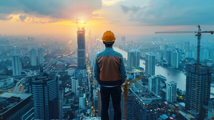 Naklejka premium Construction worker looking at cityscape during sunrise. The image is symbolic of ambition, progress, and achievement.
