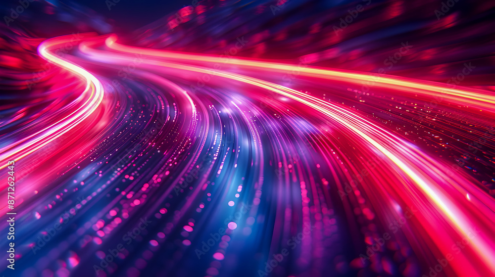 Poster mesmerizing abstract artwork with vibrant curved neon light trails against a deep mysterious dark ba