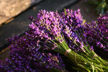 Fresh flowers of lavender bouquet on a white wooden background