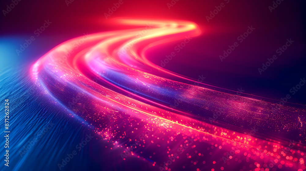 Poster vibrant curved neon light trails painting mesmerizing rhythmic patterns in mysterious dark backgroun