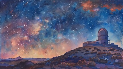 Obraz premium Vibrant watercolor of an observatory's rotating platform and automatic bearings at dusk, with stars and distant galaxies in the night sky