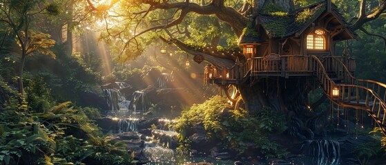 Obraz premium Tree house nestled in a sunlit forest, stream flowing below, lush green plants surrounding, serene and enchanting scene, detailed textures