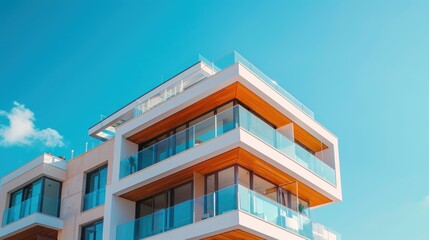 Obraz premium Modern Architecture with Glass Balconies Against a Blue Sky