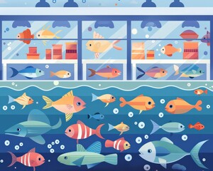 Obraz premium Colorful fish in aquariums at a pet store.