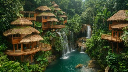Tree house village nestled in the rainforest, rich greenery and a waterfall, vibrant colors, detailed textures, tranquil and picturesque