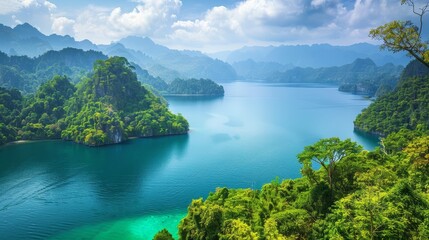 Tropical archipelago with lush greenery, crystal-clear waters, mountainous landscape, rich vegetation, paradise-like scenery, peaceful and vibrant