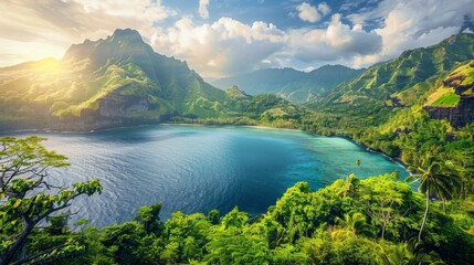 Obraz premium Tropical archipelago with lush mountains, vibrant greenery, serene waters, rich textures and colors, idyllic paradise landscape