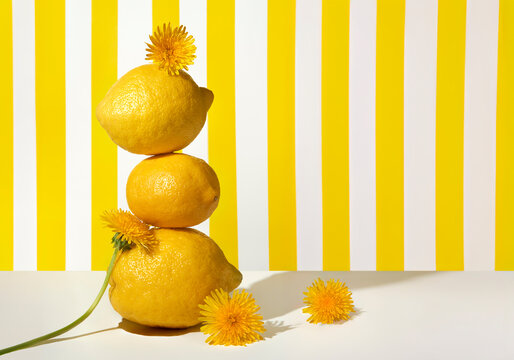 Lemons and dandelions piled on yellow striped white background. 