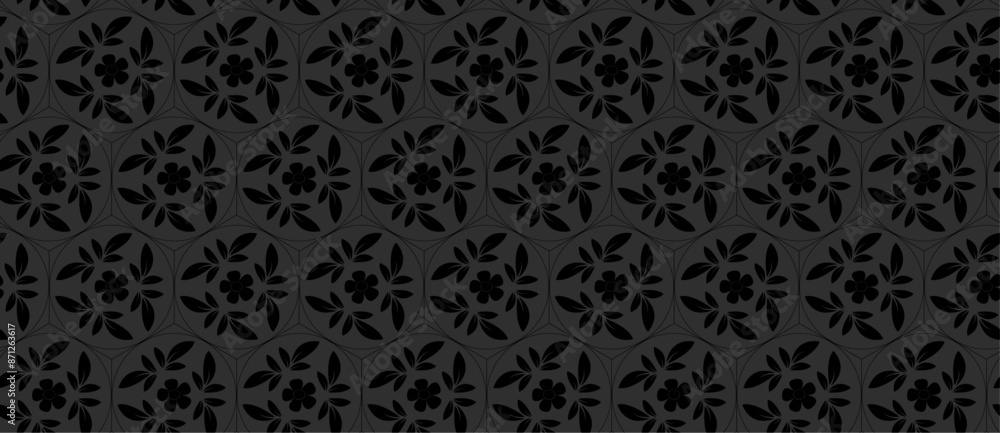 Wall mural seamless pattern floral ornamental decorative geometric shape black theme repeatable vector texture 