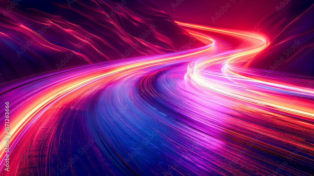 Poster vibrant curved neon light trails in a deep mysterious dark background pulsating kinetic light forms 
