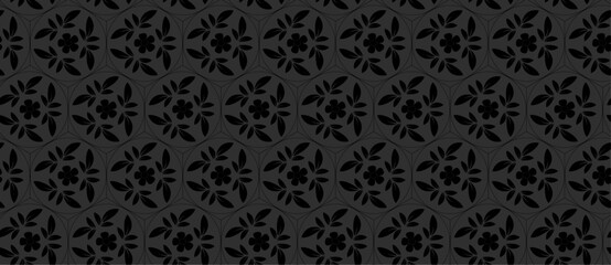Seamless pattern floral ornamental decorative geometric shape black theme repeatable vector texture background creative vintage retro style fabric textile paper wood print