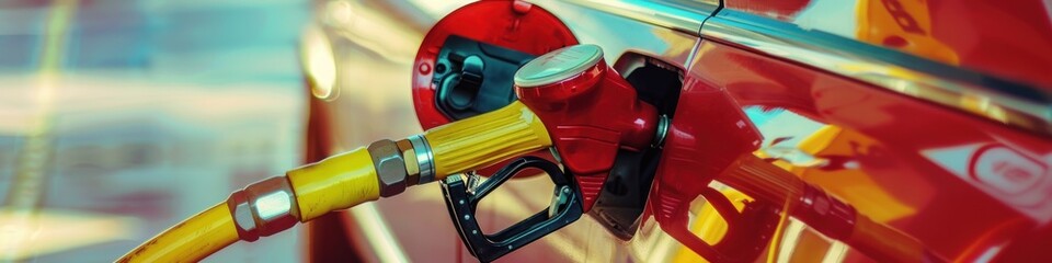 Obraz premium Gasoline pump nozzle in a car, red and yellow color scheme.