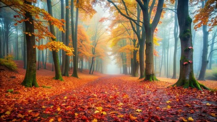 Fototapeta premium Misty autumn morning in the forest with colorful leaves on the ground and fog in the air, autumn, fall, leaves, forest, misty