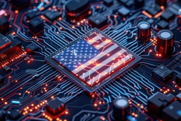 Obraz premium Processor unit representing the global chip war and crisis, featuring a USA flag on the chip, highlighting a major worldwide issue..