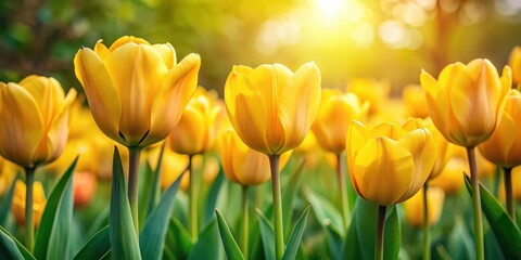 Yellow tulips on blurred green background with bokeh, closeup. Spring flowers in garden, yellow, tulips, blurred, green, bokeh