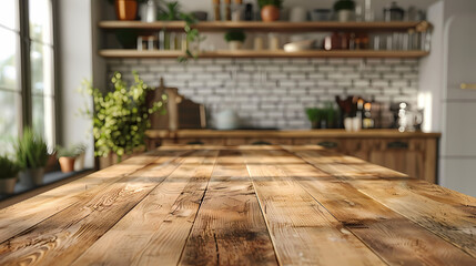 Beautiful natural wooden table with kitchen background