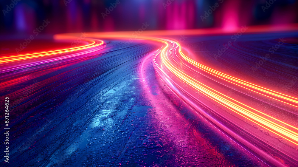 Poster vibrant curved neon light trails dancing across a deep mysterious dark background creating an ethere