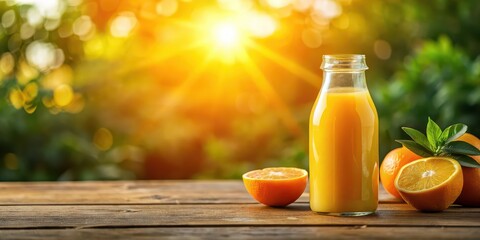 Fototapeta premium Bottled freshly squeezed orange juice captured in the morning sunshine , refreshing, natural, fruity, citrus, vitamin C