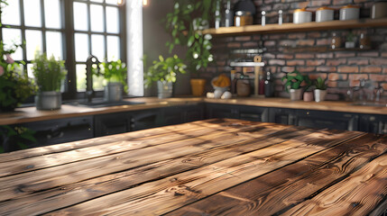 Beautiful natural wooden table with kitchen background