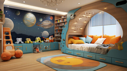A playful and imaginative kids' bedroom filled with colorful toys and creative decorations.