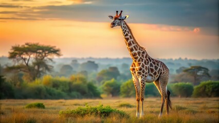 Obraz premium Giraffe standing tall in the soft morning light, with a serene and peaceful expression on its face, Giraffe, morning