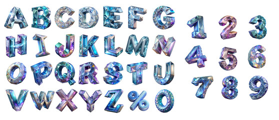 A crystalline 3D Letter and numbers set, sparkling with facets and light reflections