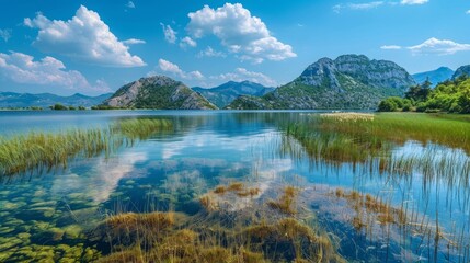 Picturesque Skadar Lake with mountain backdrop, clear and serene waters, travel hotspot, vibrant colors, detailed and inviting