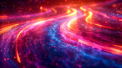 Captivating Neon Light Trails Pulsating Through Mysterious Cosmic Landscapes   Vibrant curved lines of light weaving through a deep enigmatic background