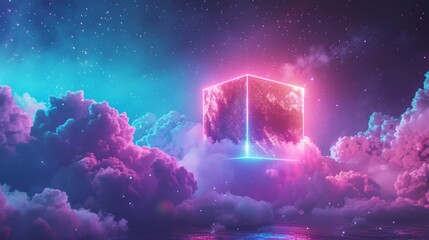 Radiant neon cube with luminous clouds, dark and mystical night sky, vibrant colors, ethereal and surreal, intricate and captivating details