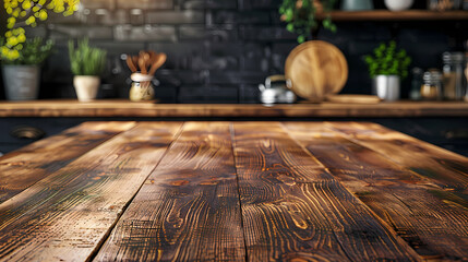 Beautiful natural wooden table with kitchen background