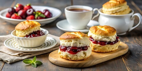 Delicious English cream tea with freshly baked scones served with clotted cream and jam, cream tea, English cuisine