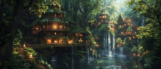 Fototapeta premium Rainforest tree house village, surrounded by vibrant greenery, cascading waterfall, detailed textures, peaceful and magical ambiance