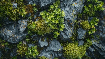 Rocky surface with small plants, lush green moss, natural texture, detailed and vibrant, serene and organic environment