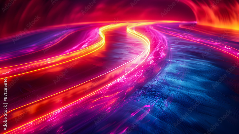 Poster striking abstract expressionist compositions of vibrant curved neon light trails pulsating with kine